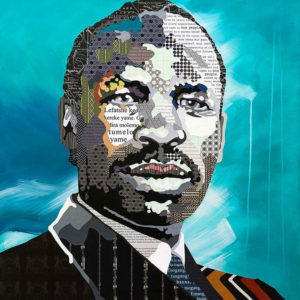 Collage portrait of Sir Seretse Khama (2014) by Eleanor Turvey