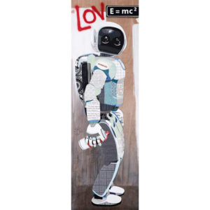 Robot Art. Mixed-media collage on plywood by Eleanor Turvey
